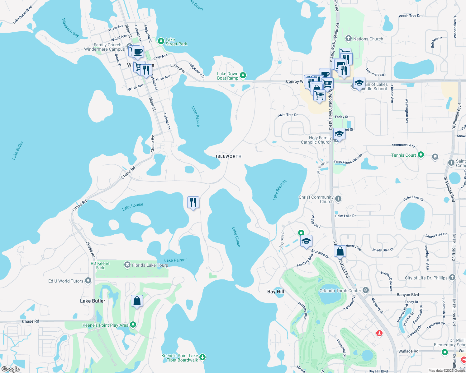map of restaurants, bars, coffee shops, grocery stores, and more near 9630 McCormick Place in Windermere