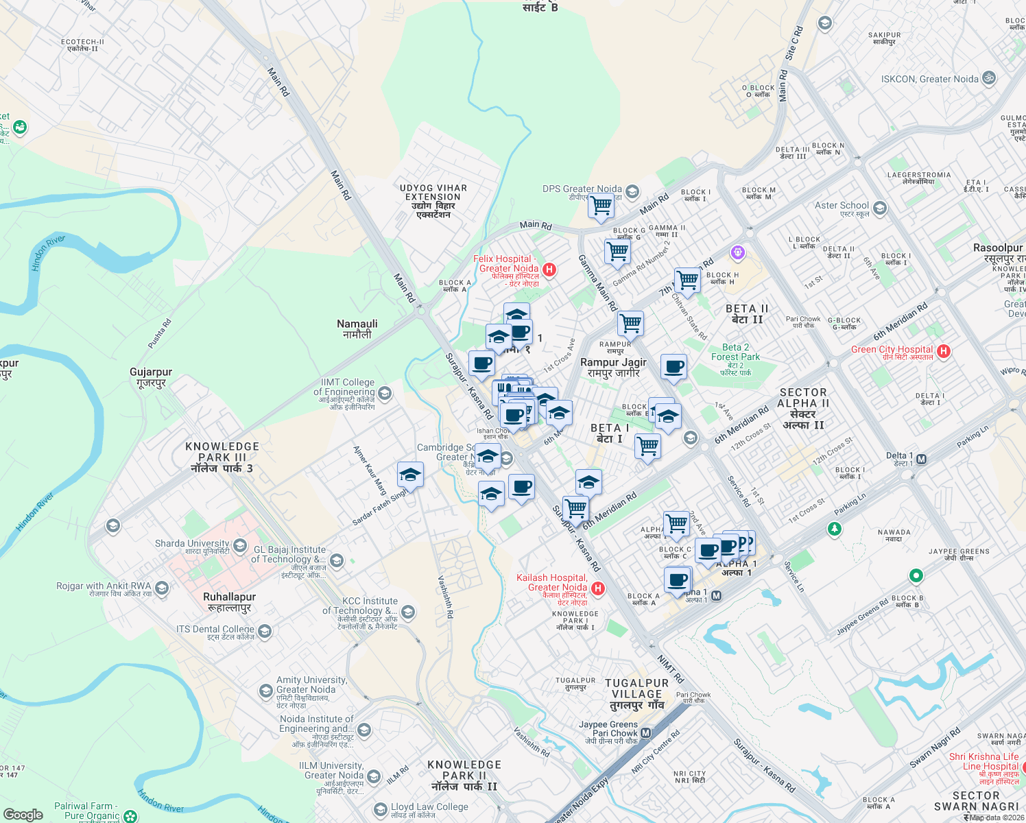 map of restaurants, bars, coffee shops, grocery stores, and more near in Greater Noida