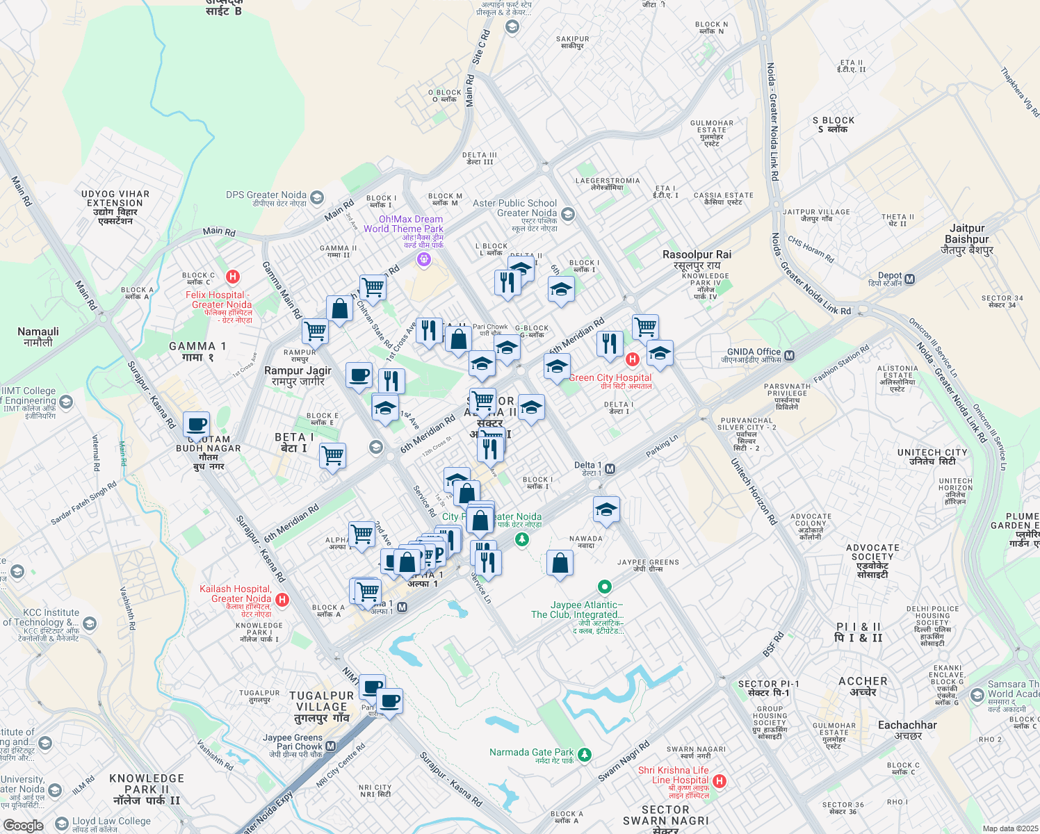 map of restaurants, bars, coffee shops, grocery stores, and more near H-515 4th Street in Greater Noida
