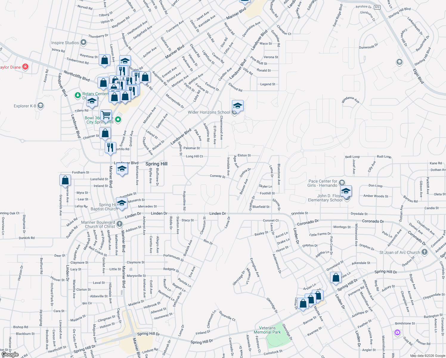 map of restaurants, bars, coffee shops, grocery stores, and more near 12054 Conway Street in Spring Hill