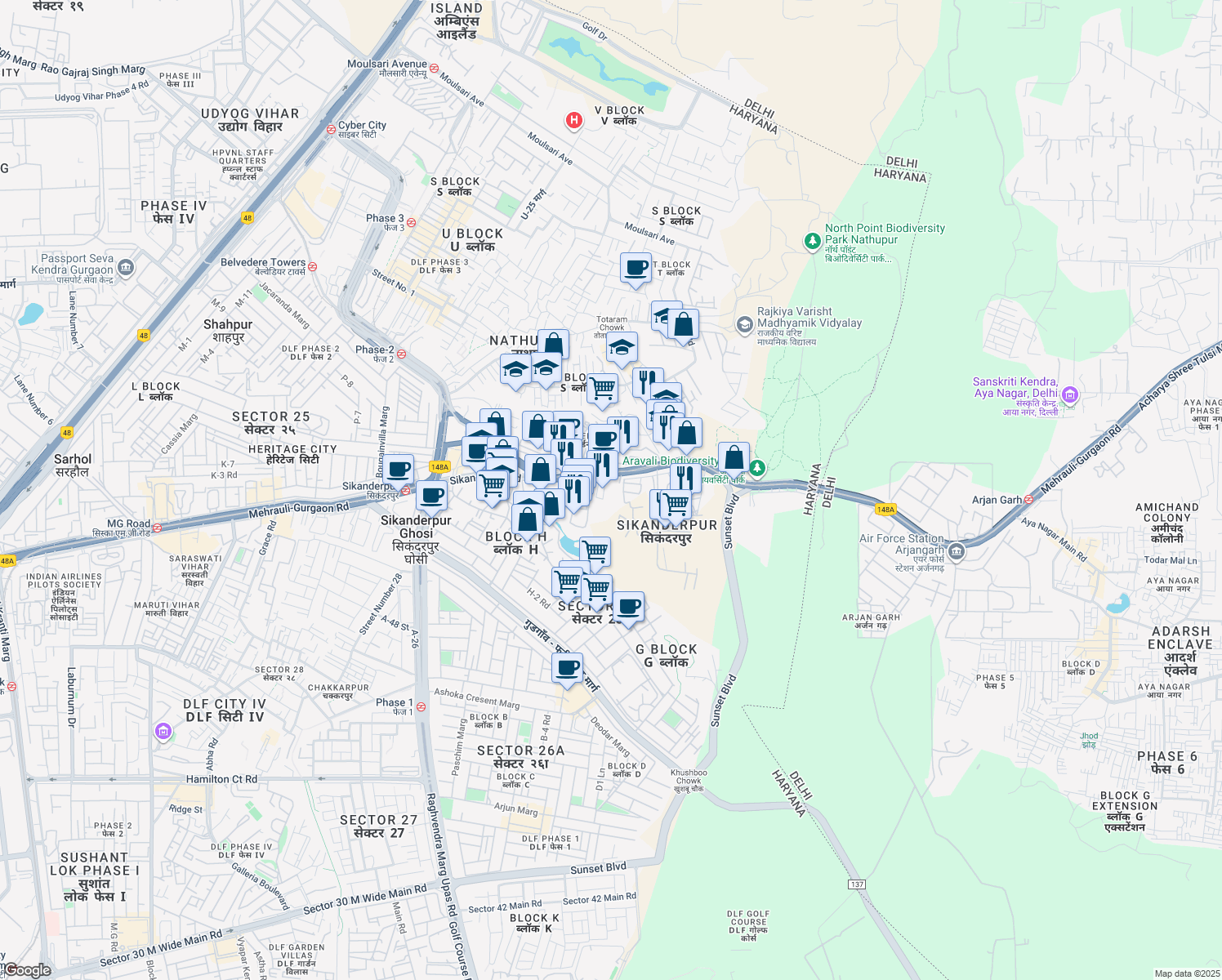 map of restaurants, bars, coffee shops, grocery stores, and more near Mehrauli-Gurgaon Road in Gurugram
