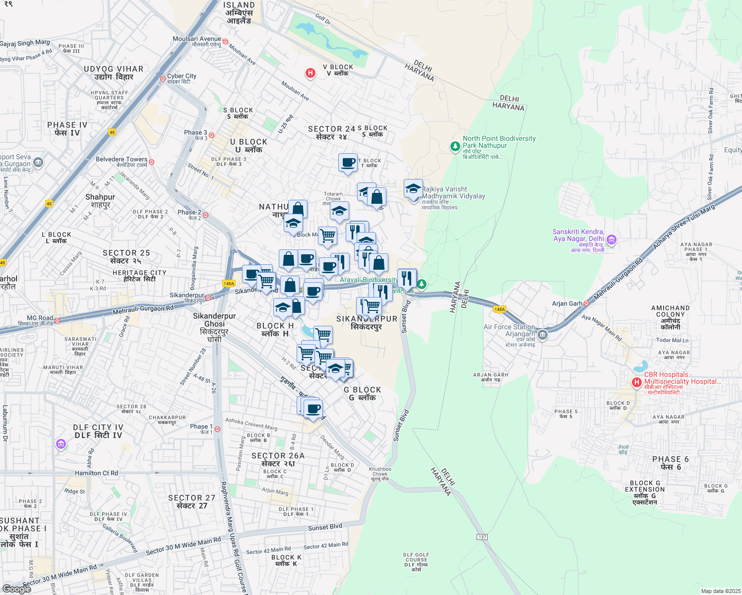 map of restaurants, bars, coffee shops, grocery stores, and more near in Gurugram