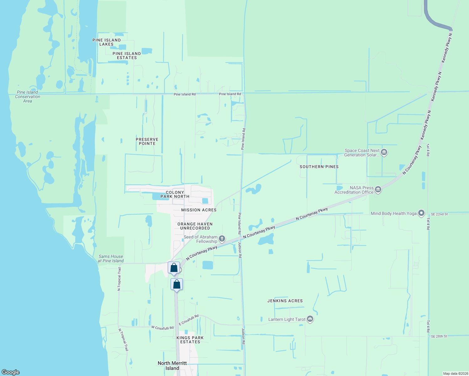 map of restaurants, bars, coffee shops, grocery stores, and more near 395 Pine Island Road in Merritt Island