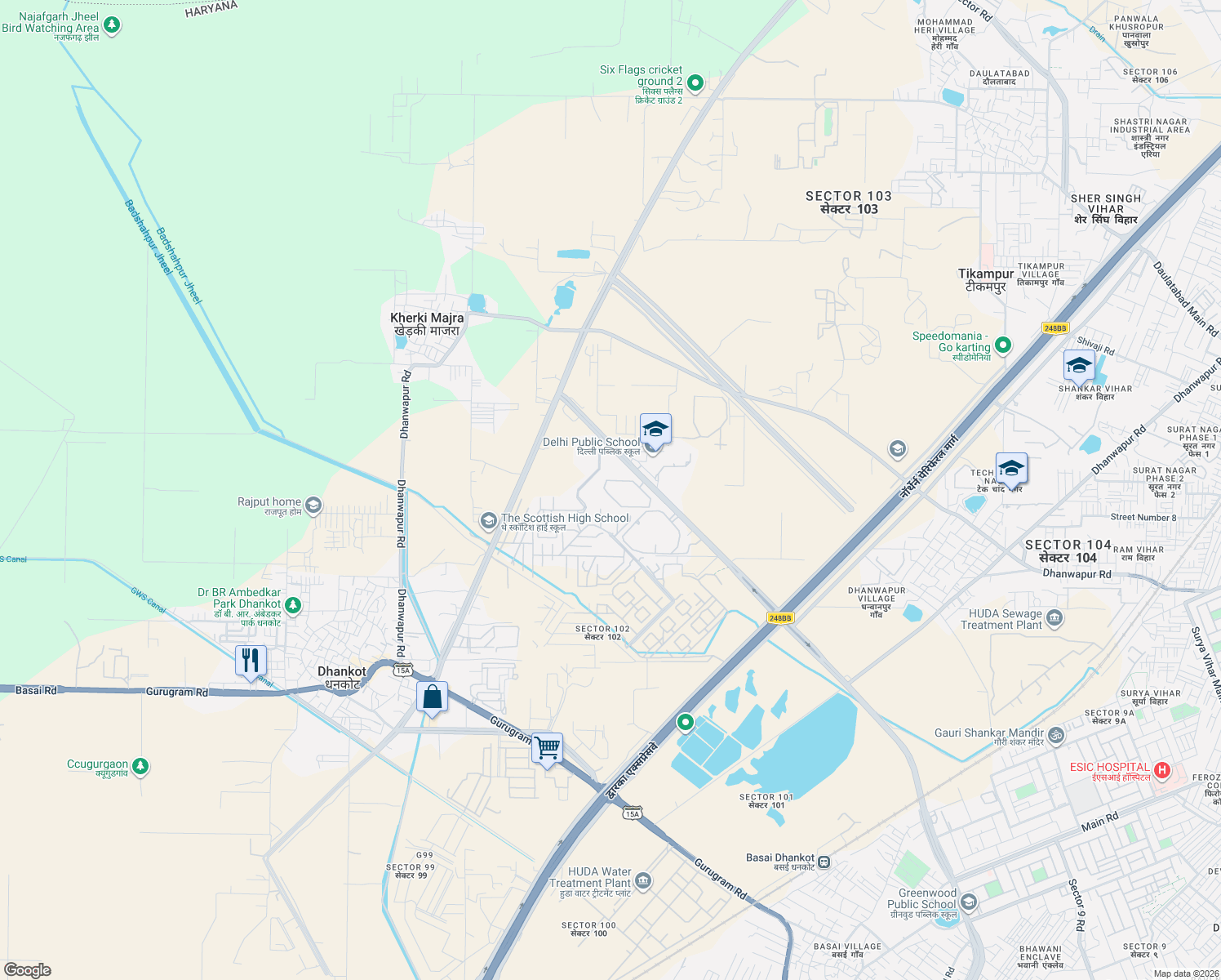 map of restaurants, bars, coffee shops, grocery stores, and more near in Kherki Majra