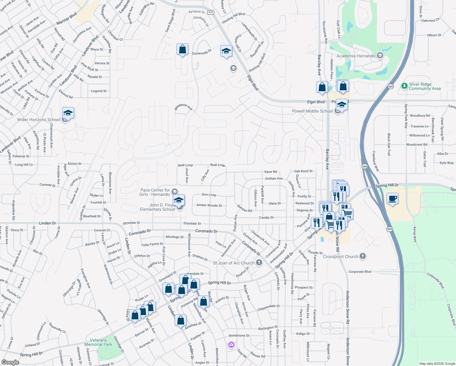 map of restaurants, bars, coffee shops, grocery stores, and more near 3264 Brunhilde Court in Spring Hill