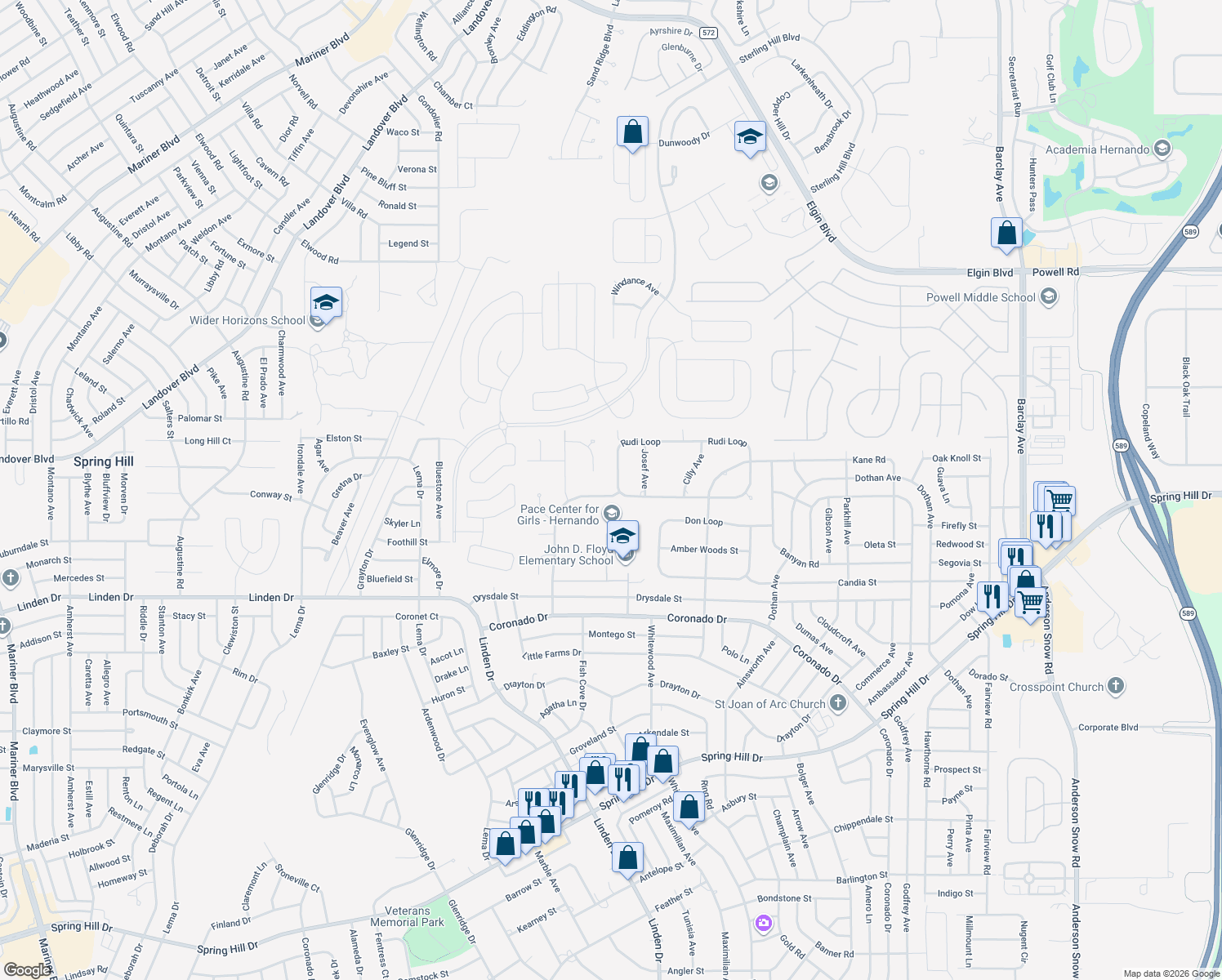 map of restaurants, bars, coffee shops, grocery stores, and more near 13081 Sigmund Street in Spring Hill