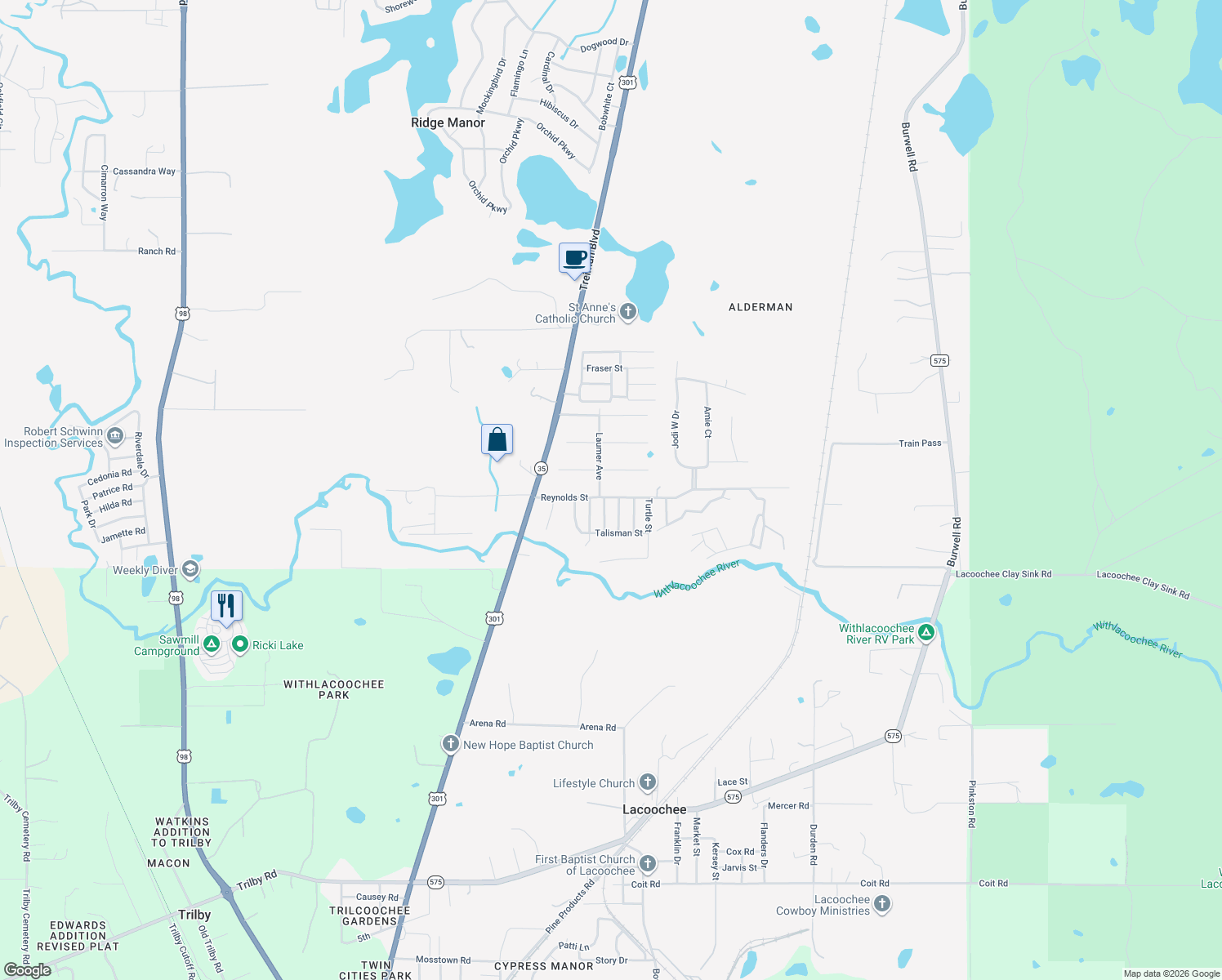 map of restaurants, bars, coffee shops, grocery stores, and more near 34921 Reynolds Street in Dade City