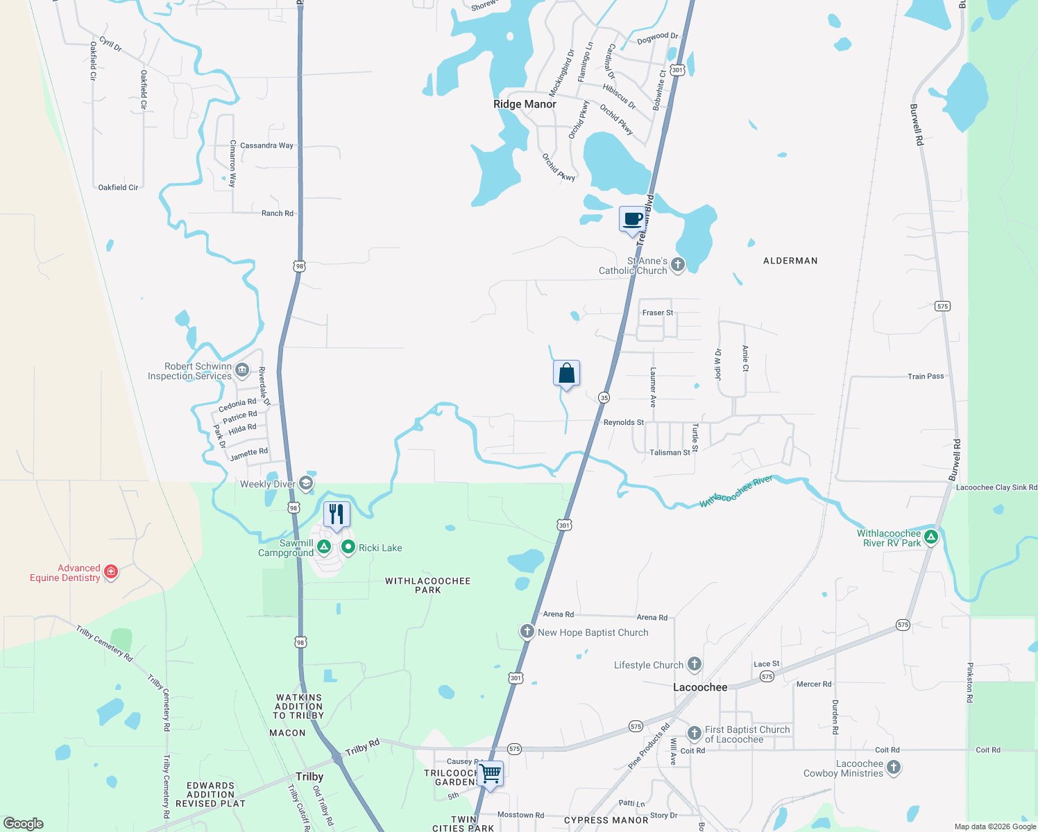map of restaurants, bars, coffee shops, grocery stores, and more near 34151 Johnny B Road in Dade City