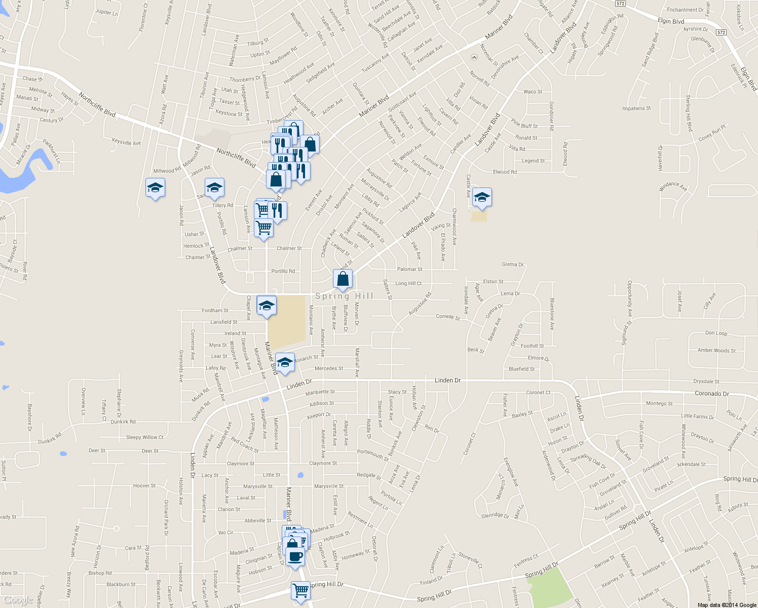 map of restaurants, bars, coffee shops, grocery stores, and more near 11316 Orangewood Court in Spring Hill