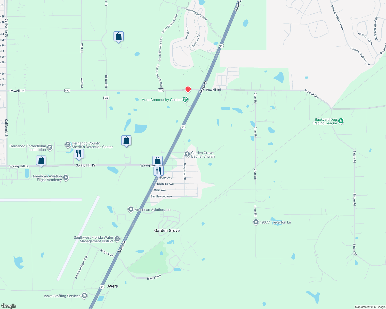 map of restaurants, bars, coffee shops, grocery stores, and more near 18170 Spangler Avenue in Brooksville