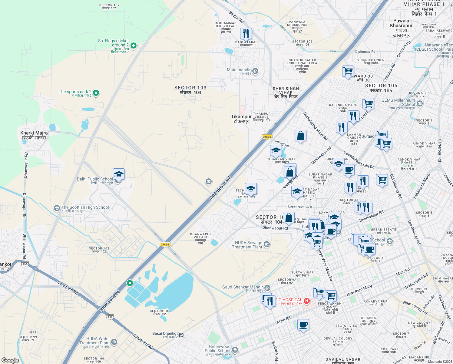 map of restaurants, bars, coffee shops, grocery stores, and more near Dwarka Expressway in Gurugram