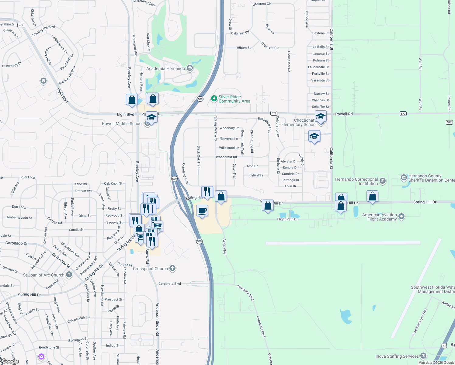 map of restaurants, bars, coffee shops, grocery stores, and more near 15151 Copeland Way in Brooksville