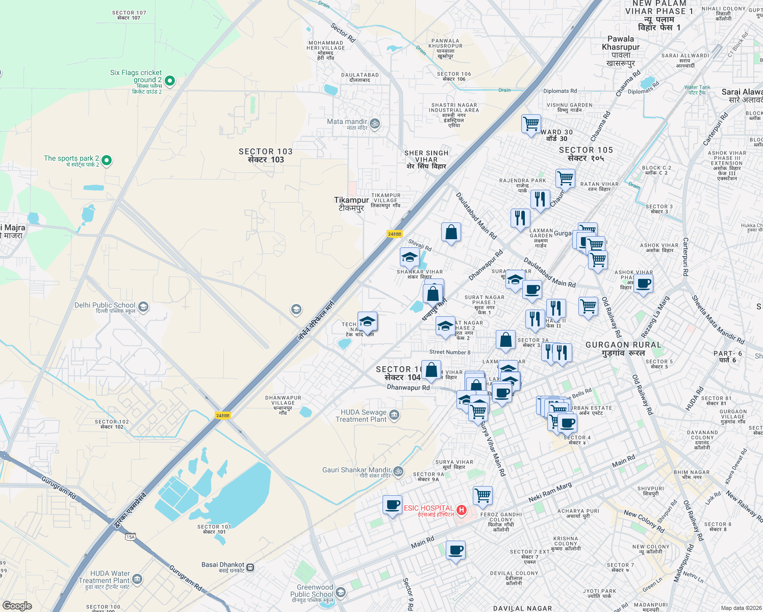 map of restaurants, bars, coffee shops, grocery stores, and more near Daultabad - Dhanwapur Road in Gurgaon