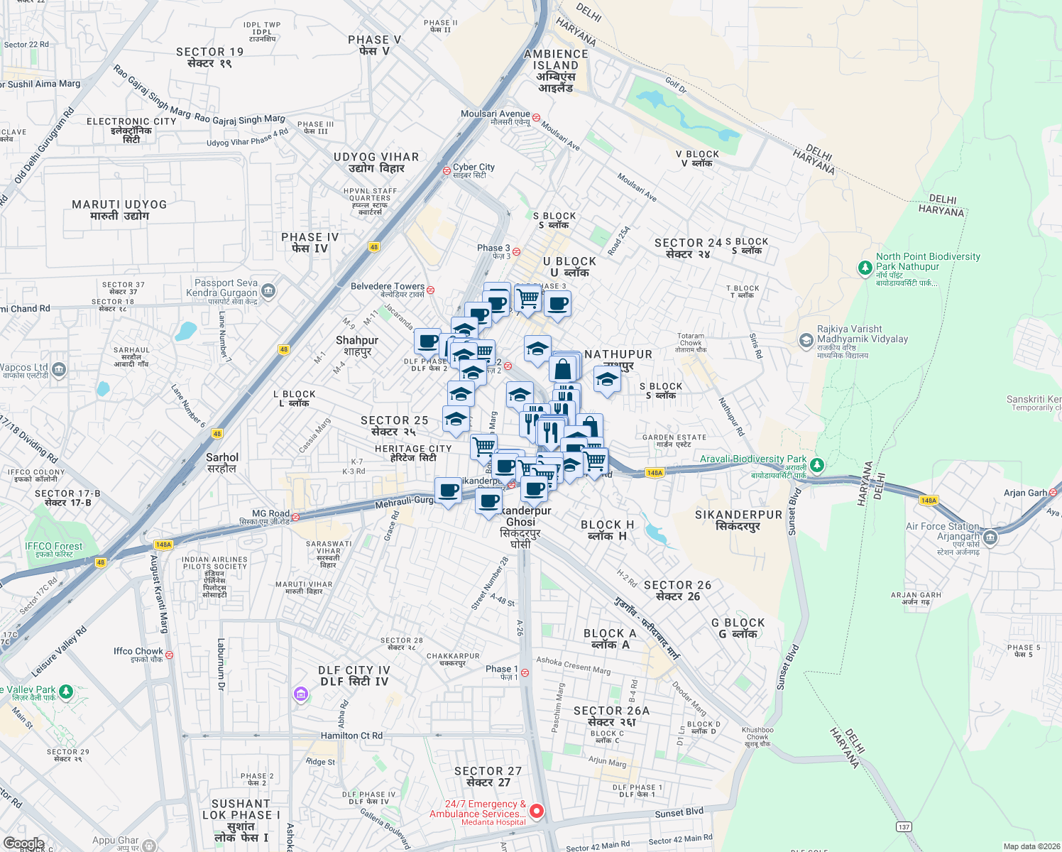 map of restaurants, bars, coffee shops, grocery stores, and more near Block Q DLF City Phase 2 Road in Gurugram