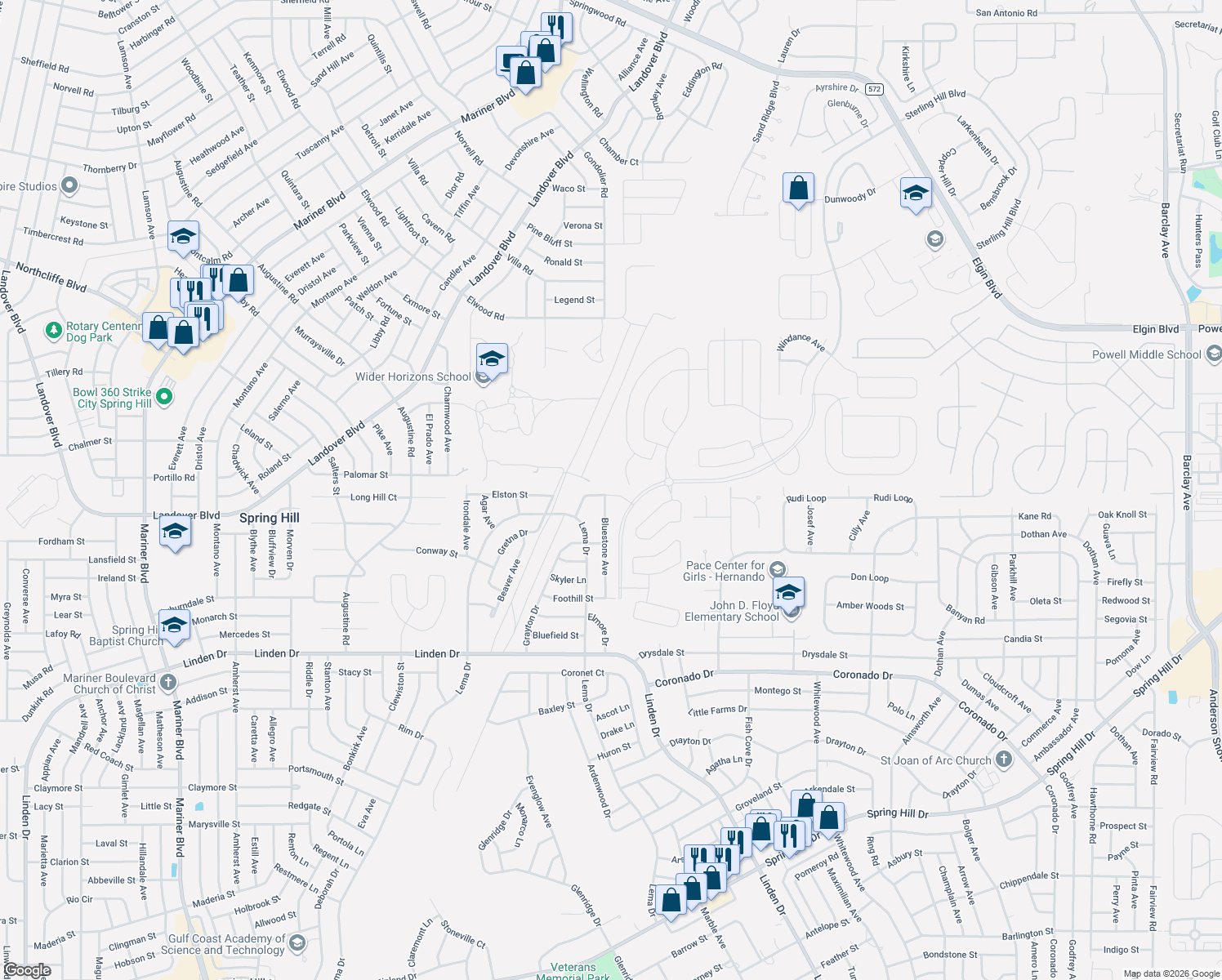 map of restaurants, bars, coffee shops, grocery stores, and more near 12293 Chastain Street in Spring Hill