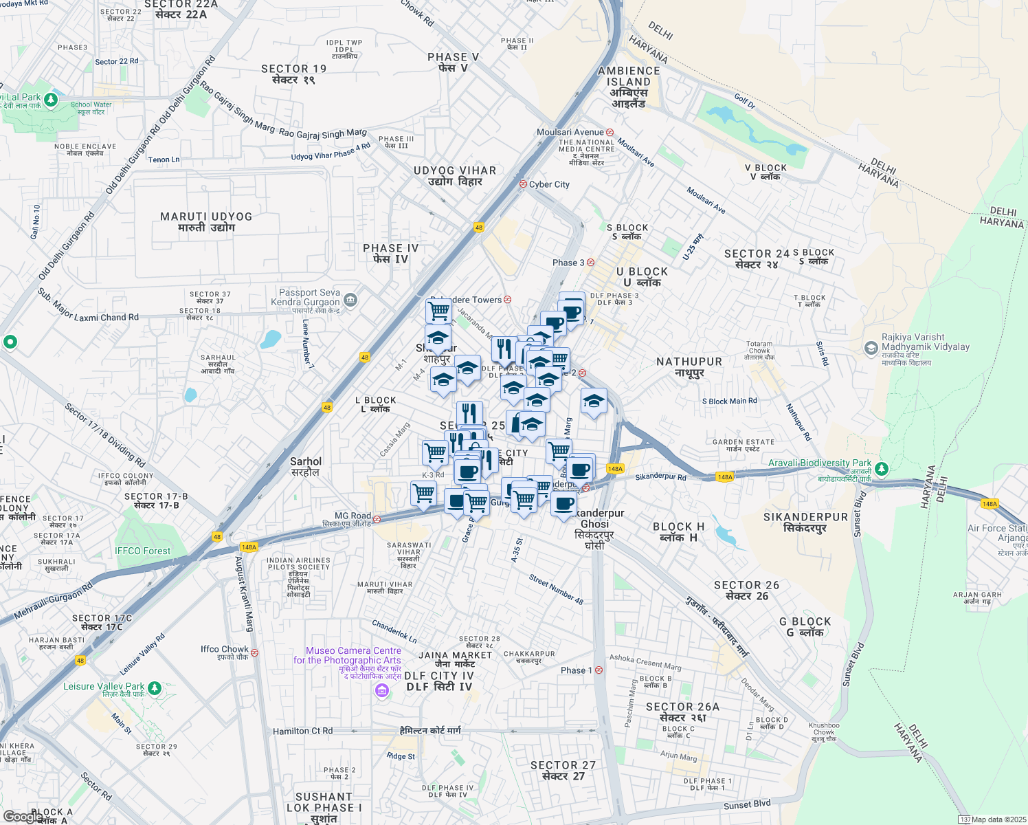 map of restaurants, bars, coffee shops, grocery stores, and more near P-5 P-4 in Gurugram