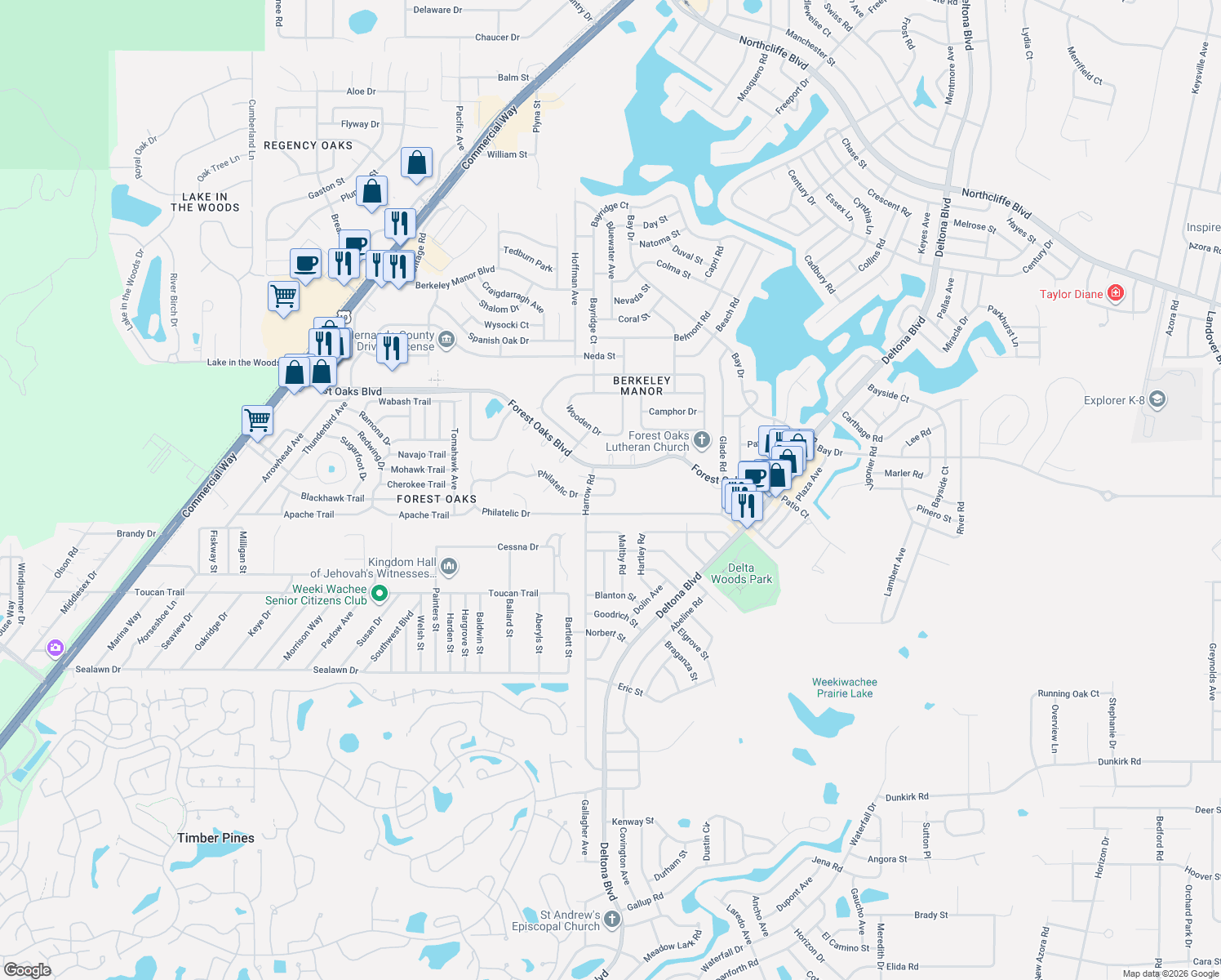 map of restaurants, bars, coffee shops, grocery stores, and more near 8178 English Elm Circle in Spring Hill