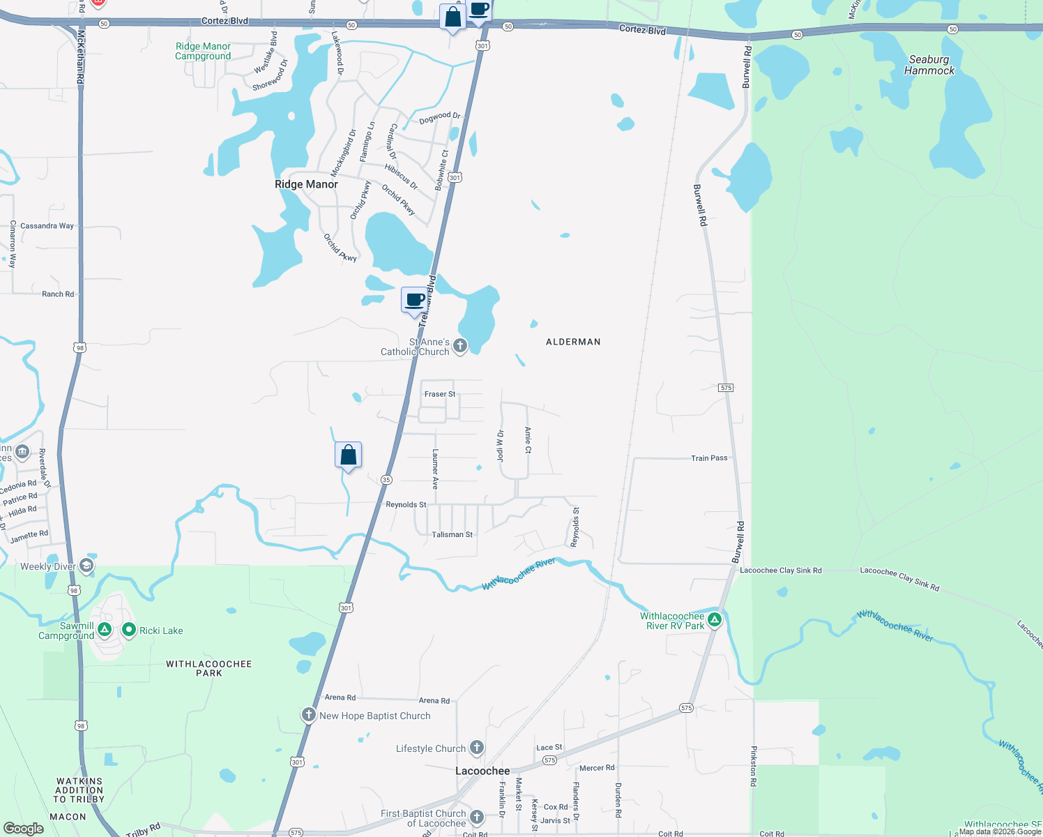 map of restaurants, bars, coffee shops, grocery stores, and more near 3423 Amie Court in Dade City