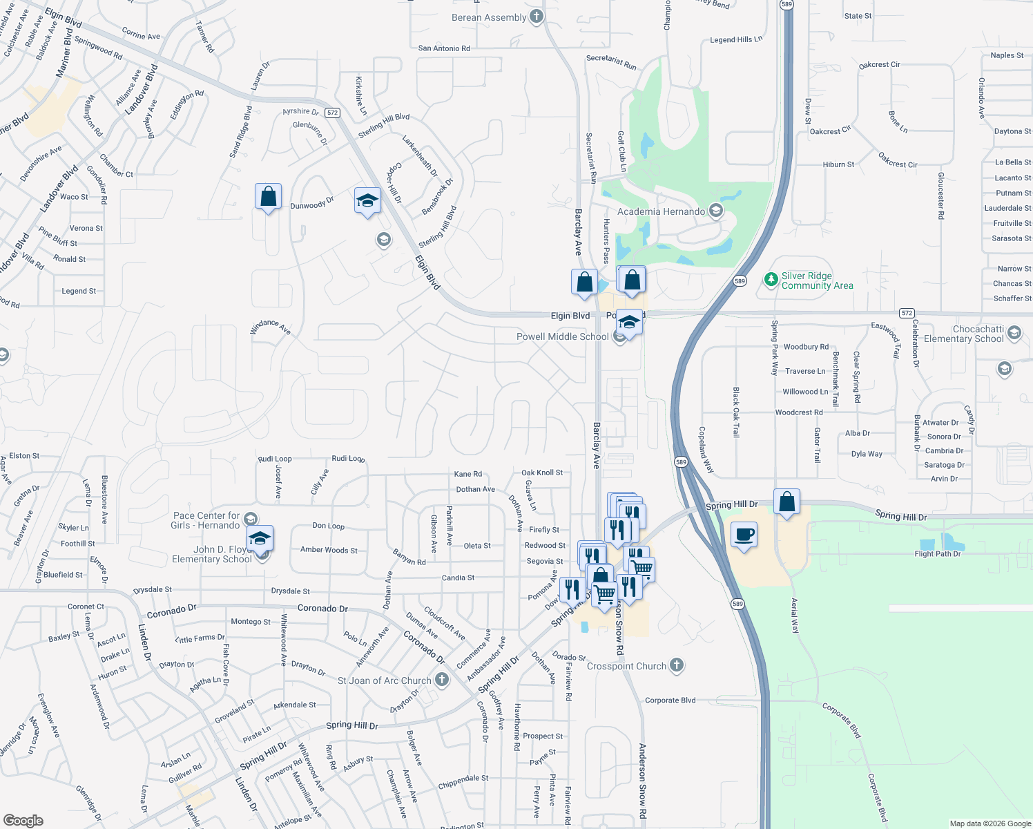 map of restaurants, bars, coffee shops, grocery stores, and more near 3462 Conifer Loop in Spring Hill