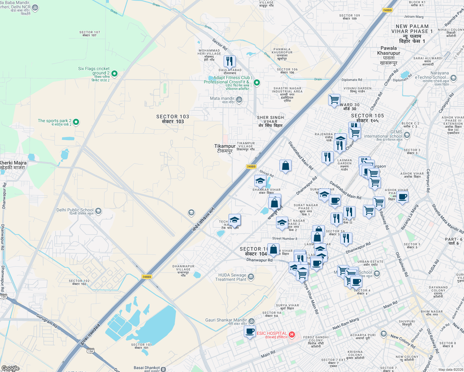 map of restaurants, bars, coffee shops, grocery stores, and more near Daultabad - Dhanwapur Road in Gurgaon
