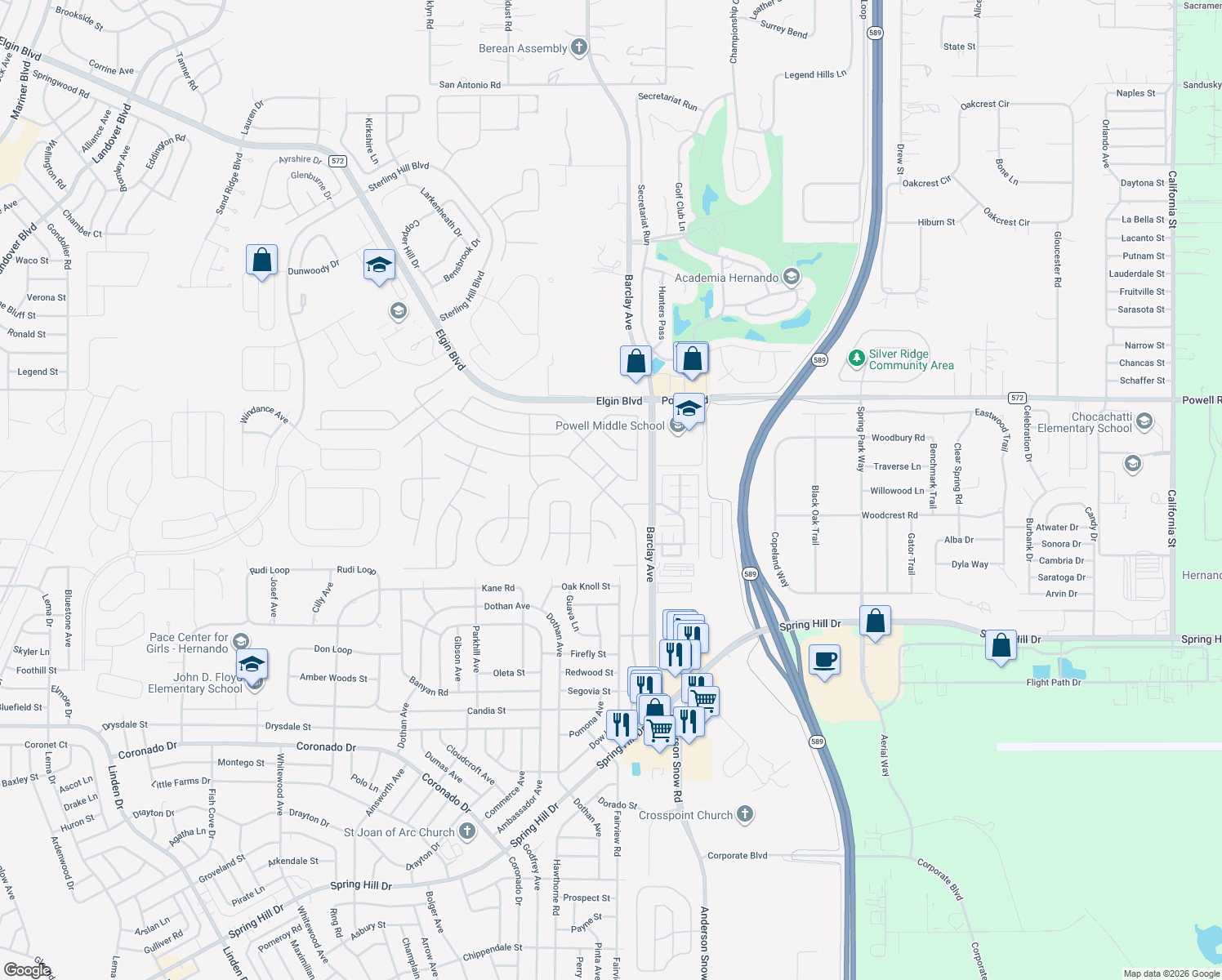 map of restaurants, bars, coffee shops, grocery stores, and more near 14200 Andrew Scott Road in Spring Hill