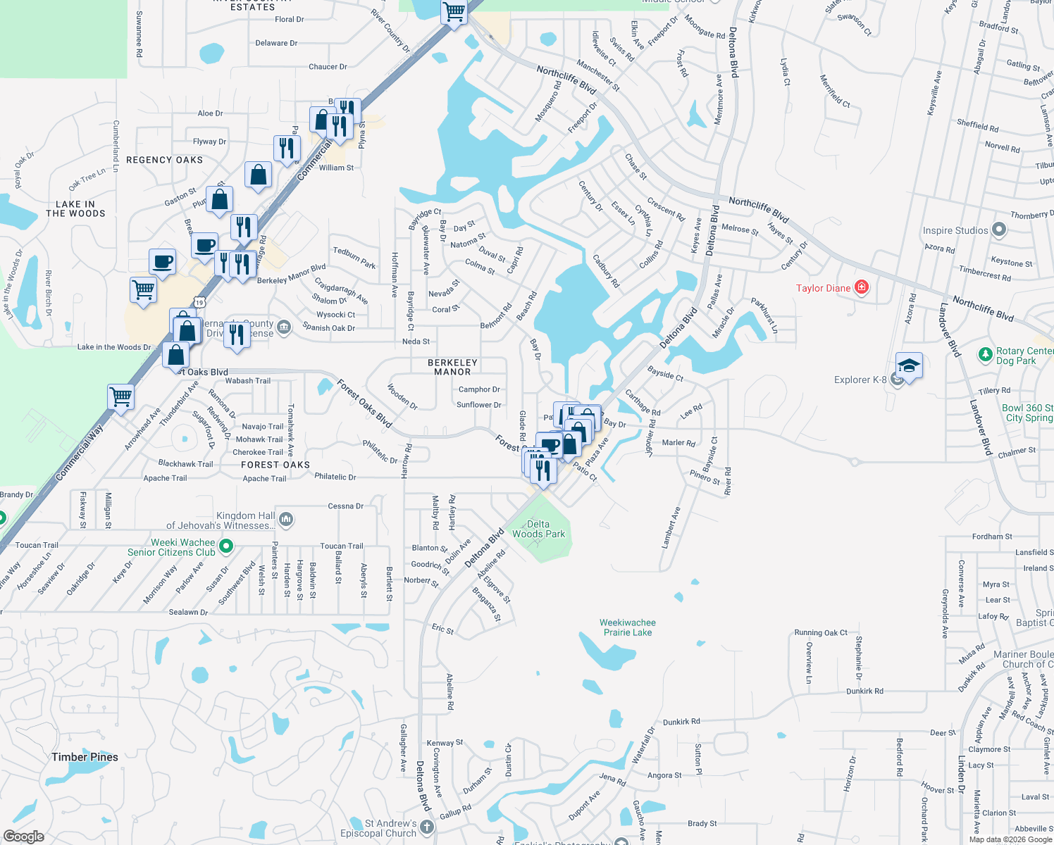 map of restaurants, bars, coffee shops, grocery stores, and more near 4128 Glade Road in Spring Hill