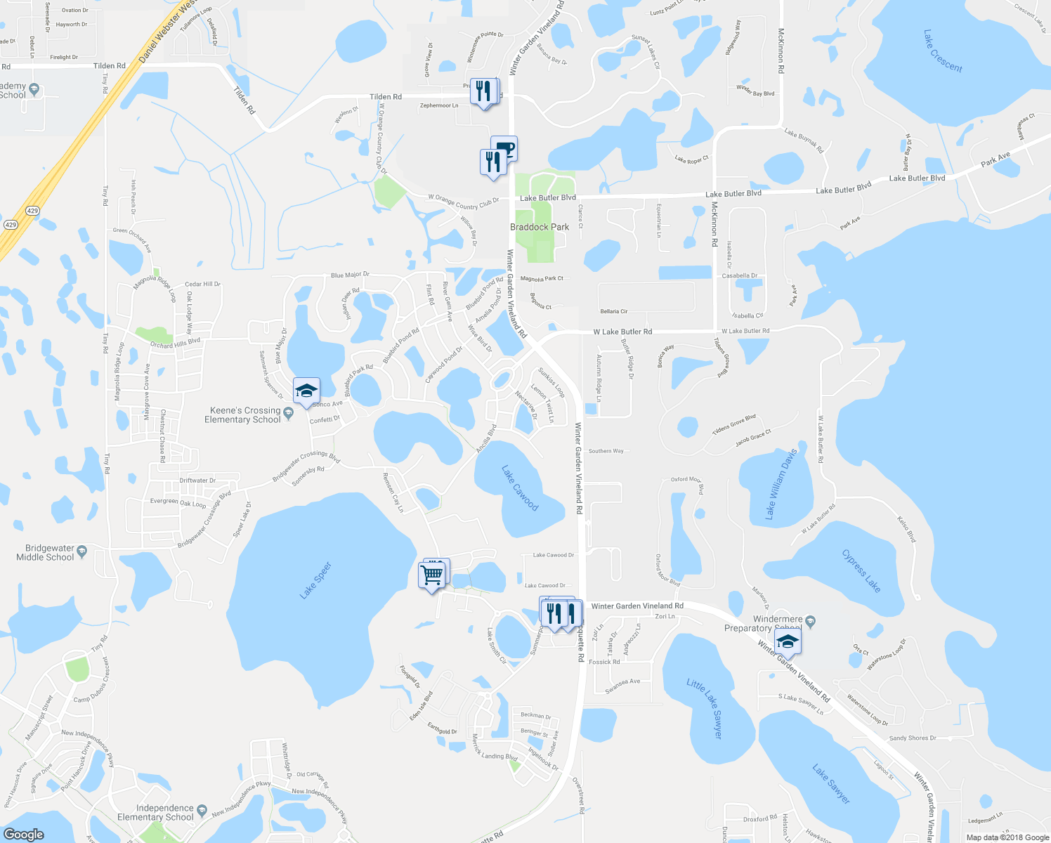 map of restaurants, bars, coffee shops, grocery stores, and more near 13531 Ancilla Boulevard in Windermere