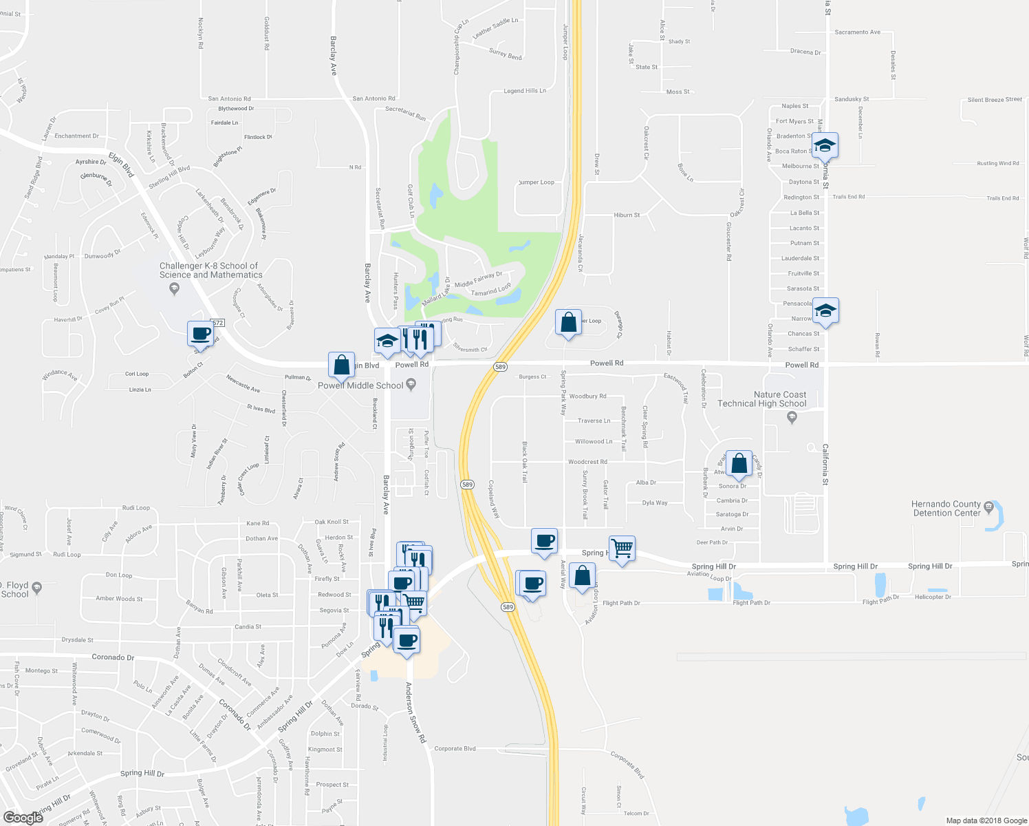 map of restaurants, bars, coffee shops, grocery stores, and more near 4071 Black Oak Trail in Brooksville