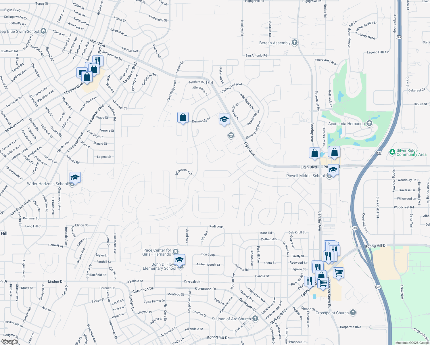 map of restaurants, bars, coffee shops, grocery stores, and more near 13206 Cori Loop in Spring Hill