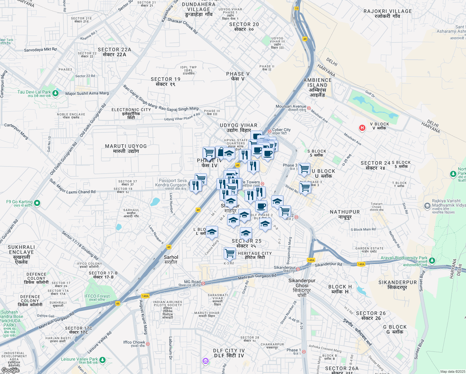 map of restaurants, bars, coffee shops, grocery stores, and more near Jacaranda Marg in Gurgaon