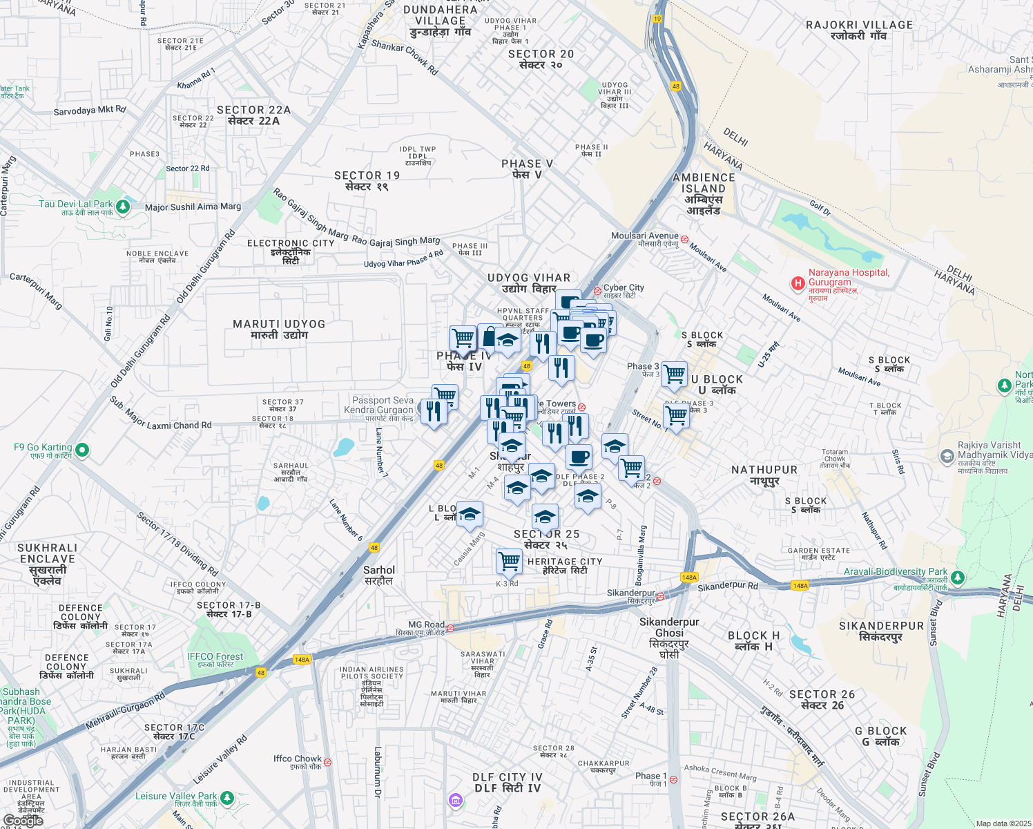 map of restaurants, bars, coffee shops, grocery stores, and more near Jacaranda Marg in Gurgaon