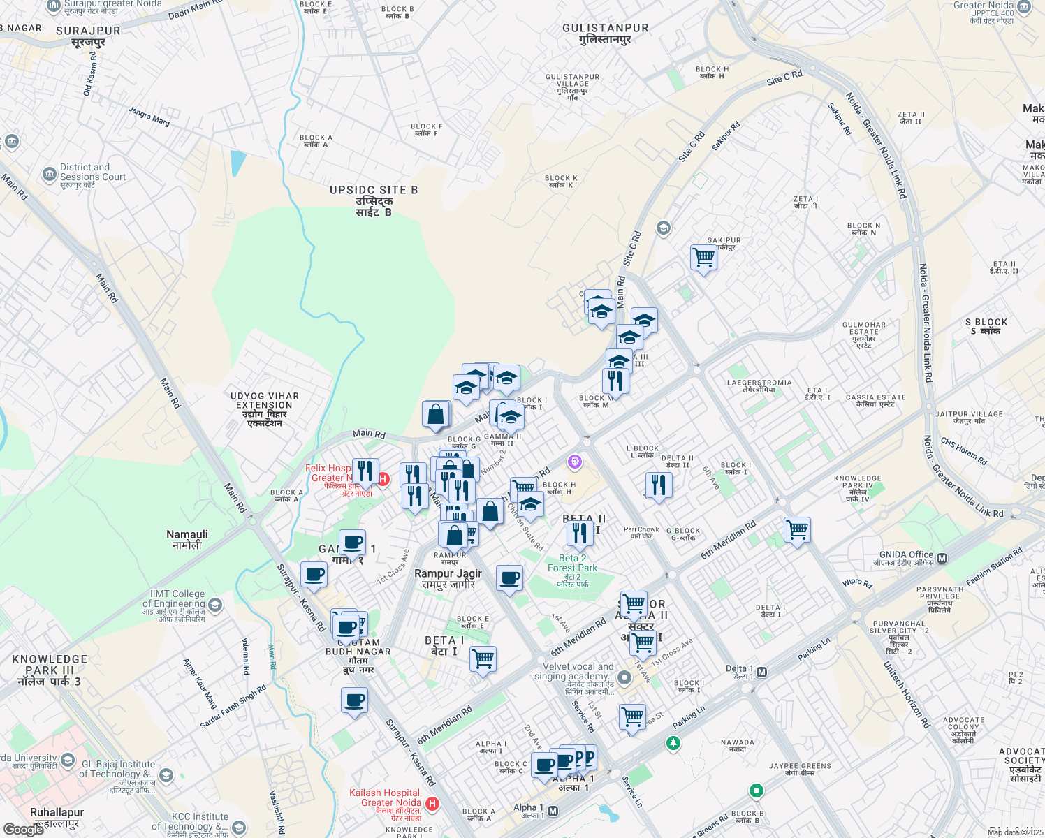 map of restaurants, bars, coffee shops, grocery stores, and more near I-29 2nd Street in Greater Noida