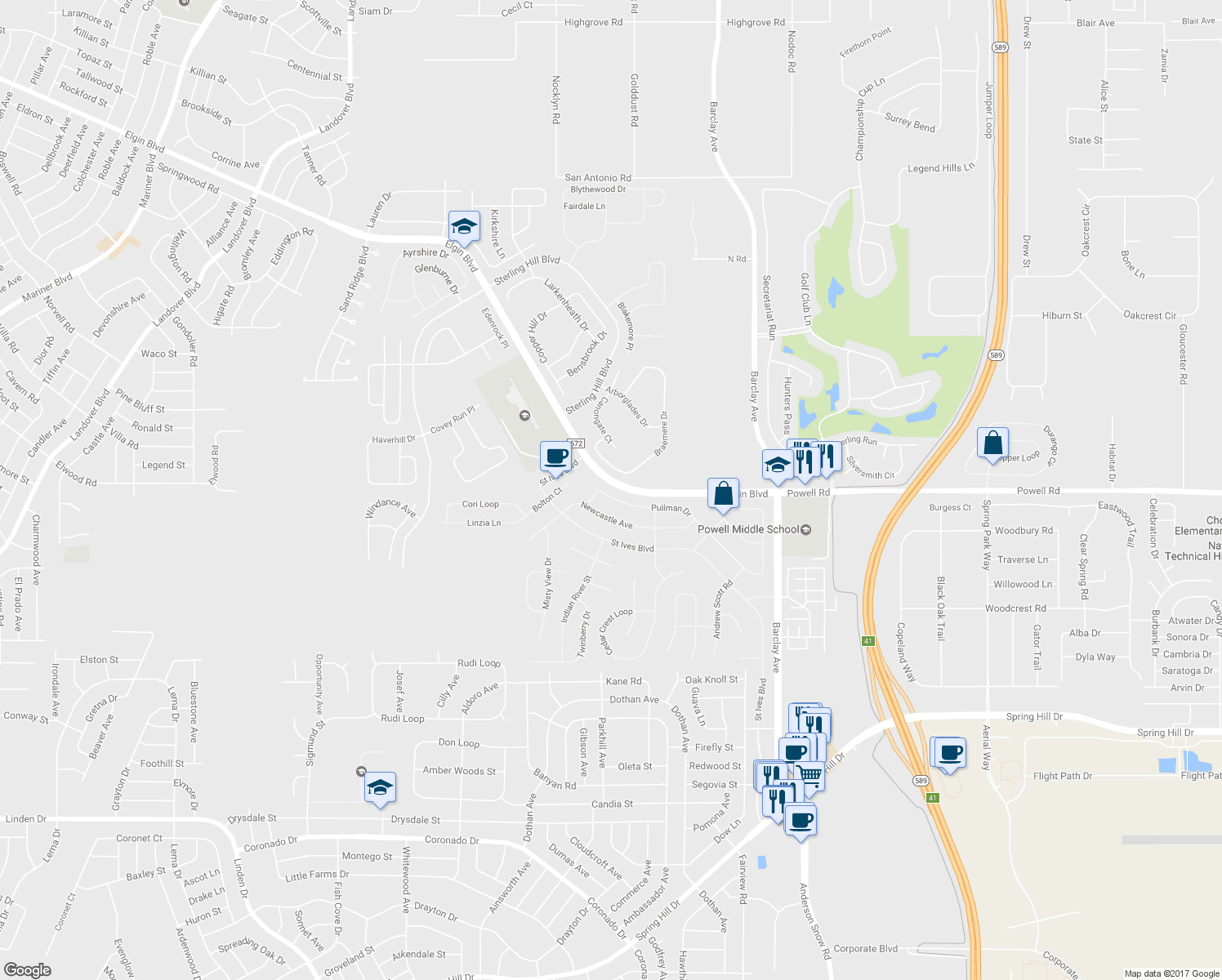 map of restaurants, bars, coffee shops, grocery stores, and more near 13481 Pullman Drive in Spring Hill