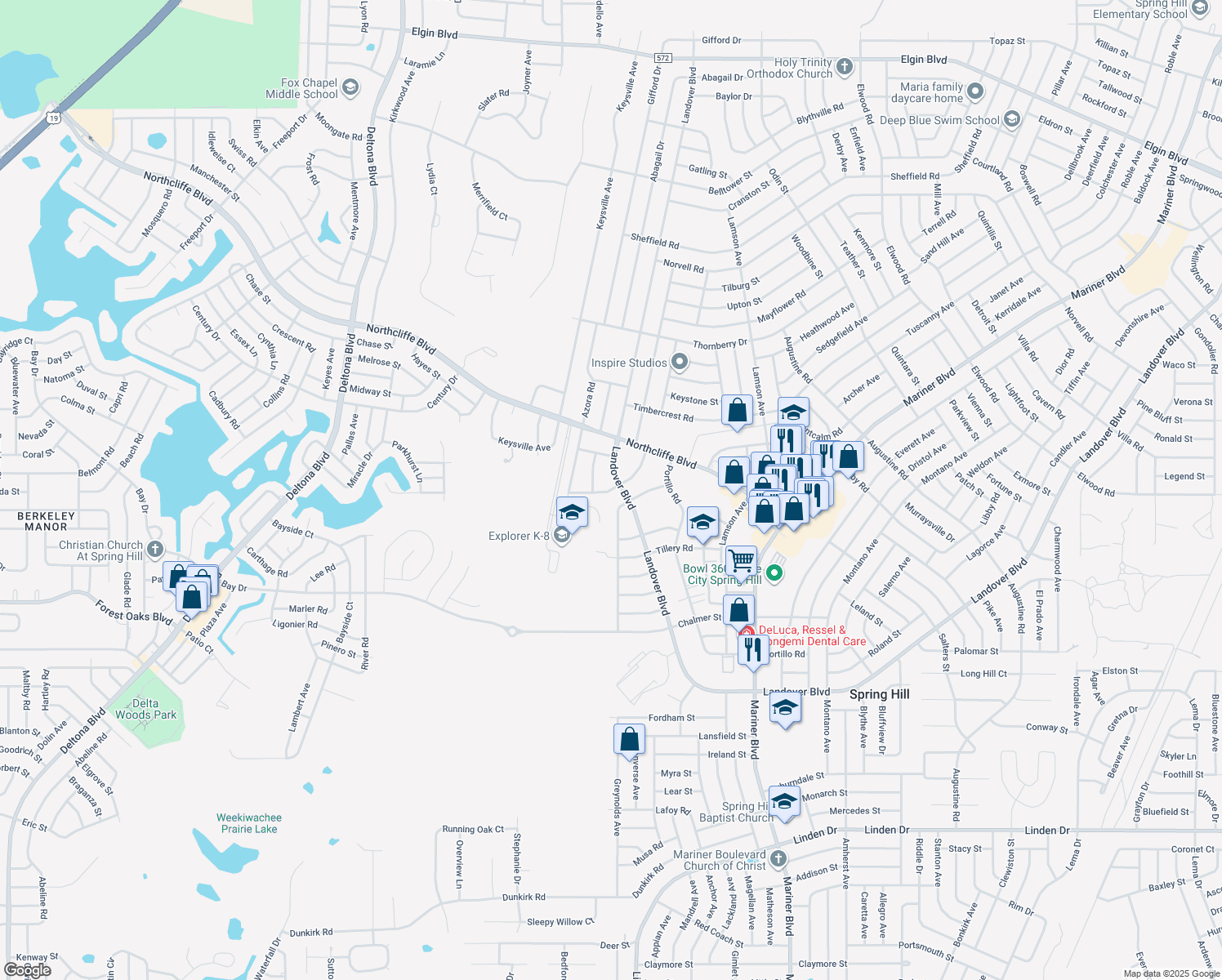 map of restaurants, bars, coffee shops, grocery stores, and more near 4355 Millwood Road in Spring Hill