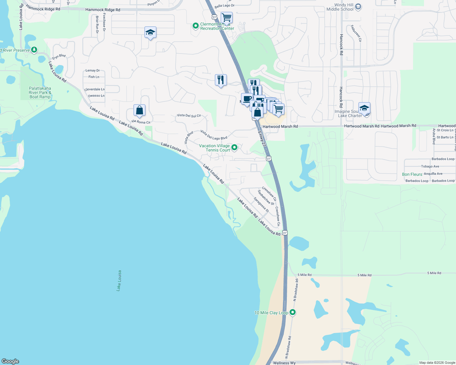 map of restaurants, bars, coffee shops, grocery stores, and more near 10008 Lake Louisa Road in Clermont