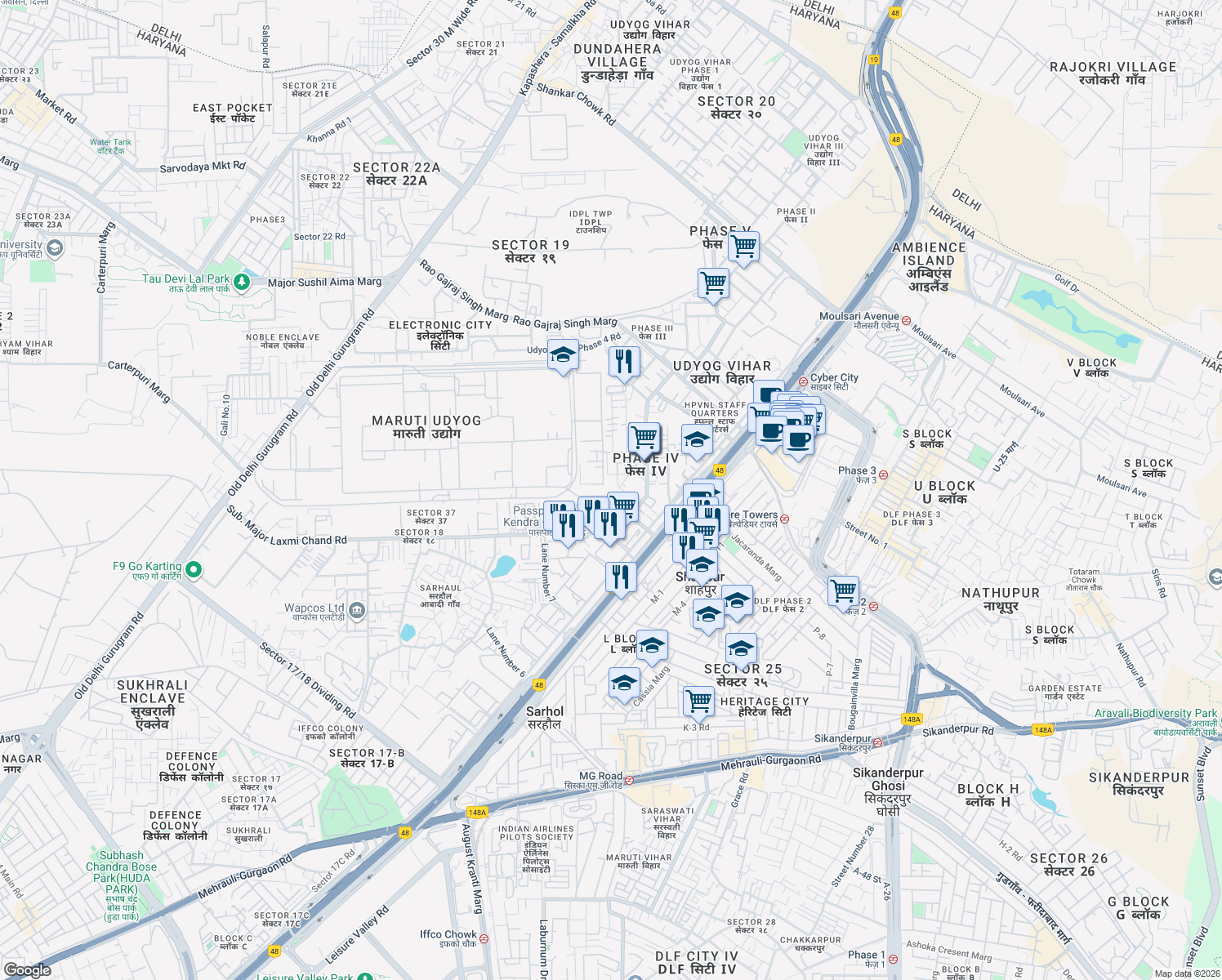 map of restaurants, bars, coffee shops, grocery stores, and more near in Gurugram