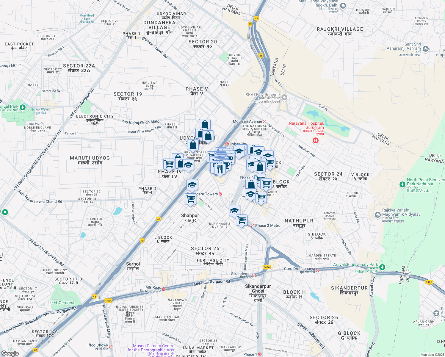 map of restaurants, bars, coffee shops, grocery stores, and more near in Gurugram