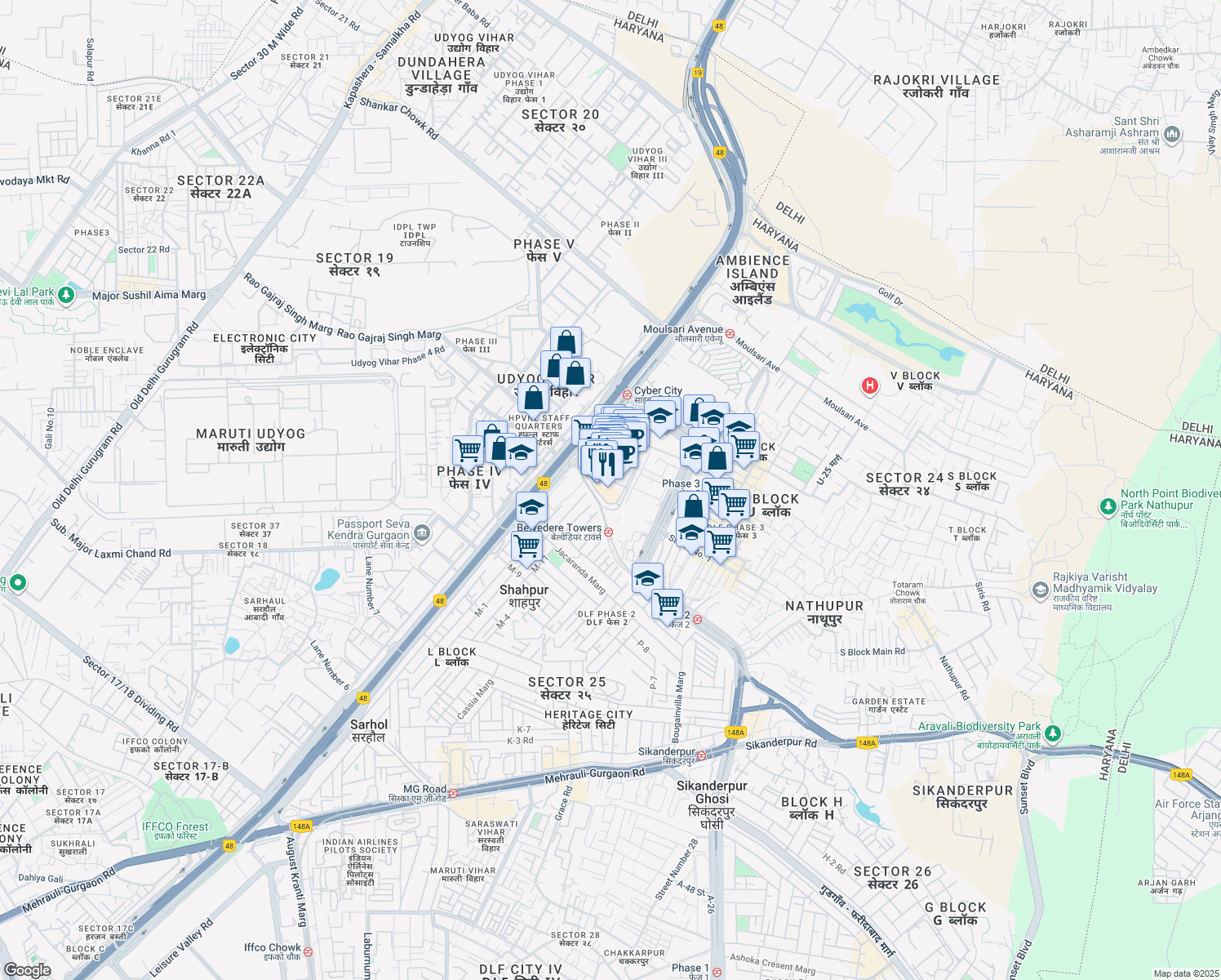 map of restaurants, bars, coffee shops, grocery stores, and more near DLF Tower 8th Road in Gurugram