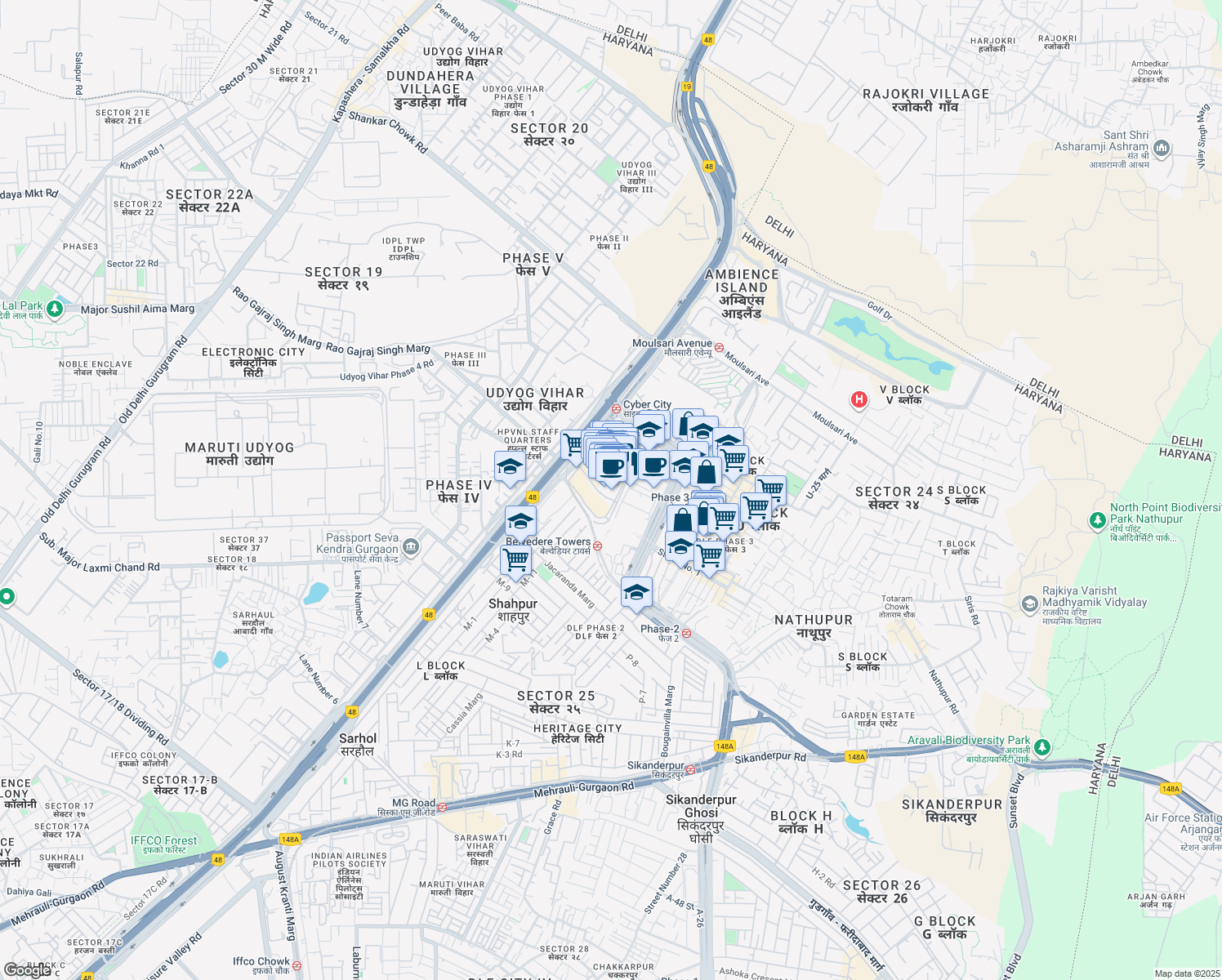 map of restaurants, bars, coffee shops, grocery stores, and more near DLF Tower 8th Road in Gurugram