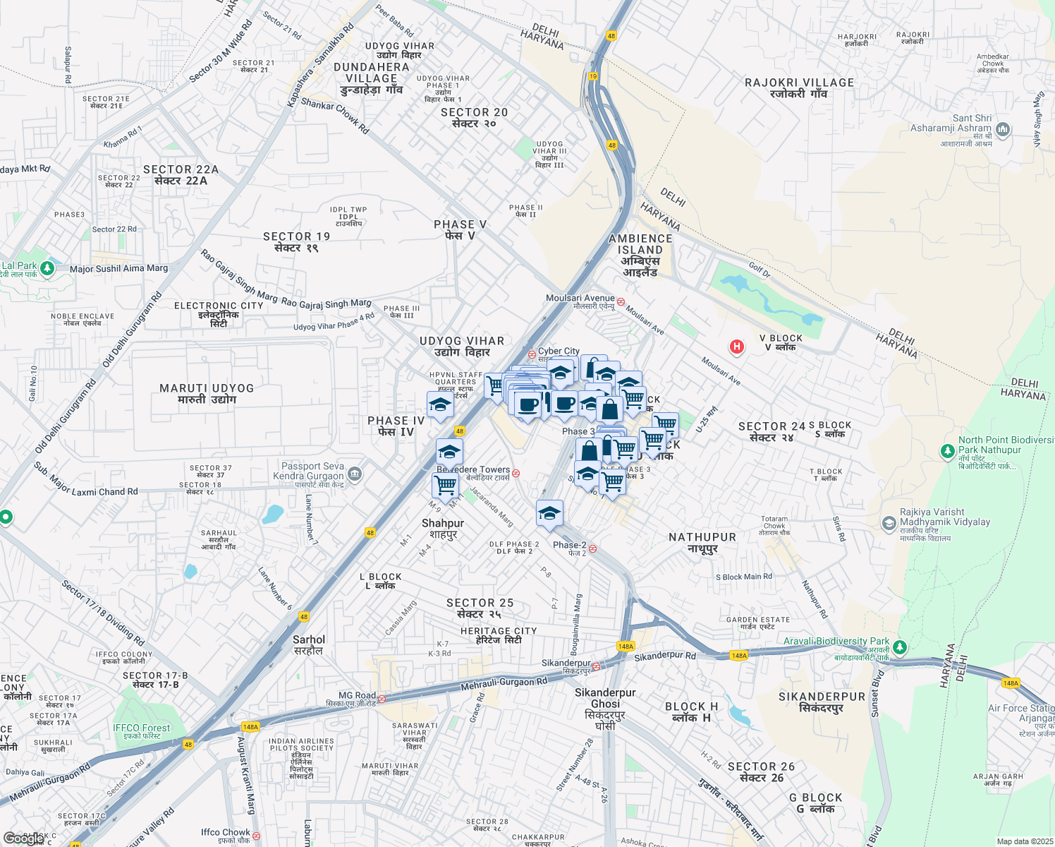 map of restaurants, bars, coffee shops, grocery stores, and more near DLF Tower 8th Road in Gurugram