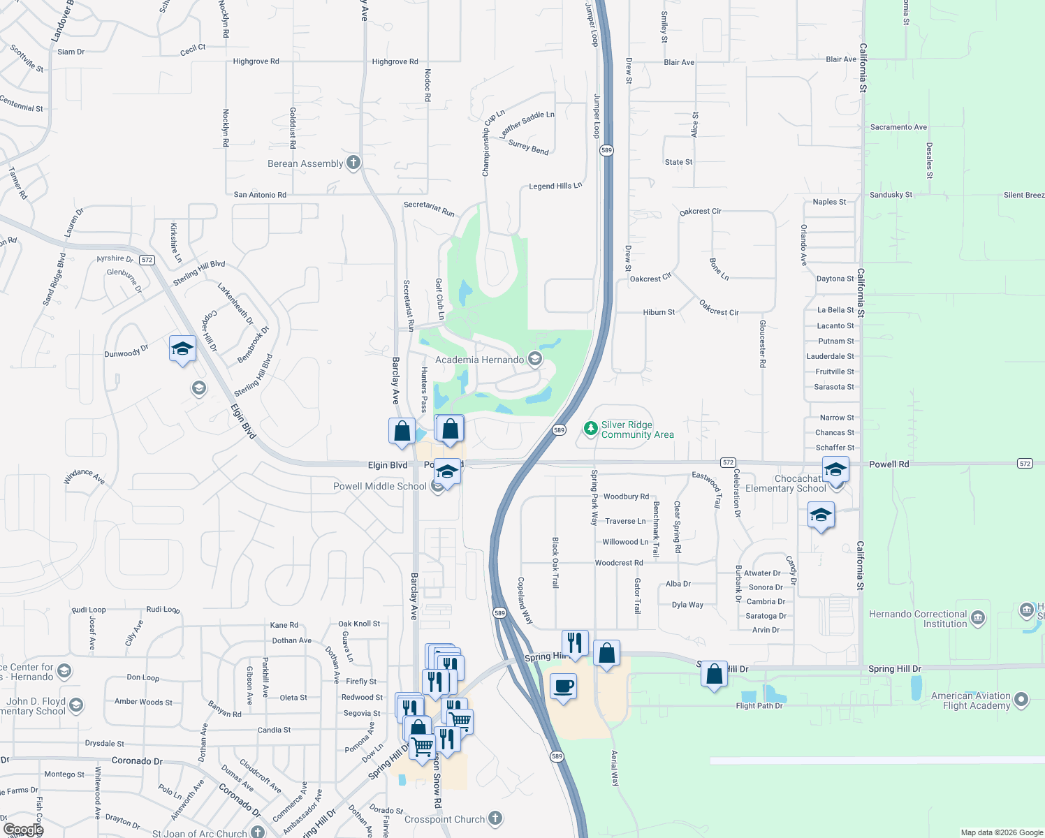 map of restaurants, bars, coffee shops, grocery stores, and more near 15009 Sterling Run in Spring Hill