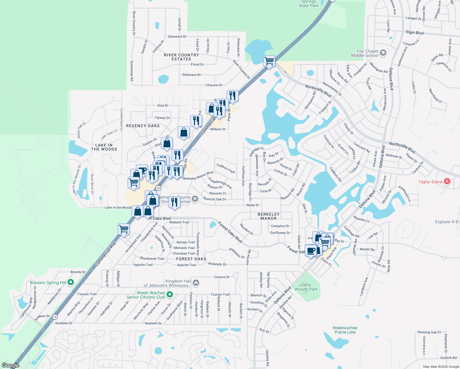 map of restaurants, bars, coffee shops, grocery stores, and more near 4298 Craigdarragh Avenue in Spring Hill