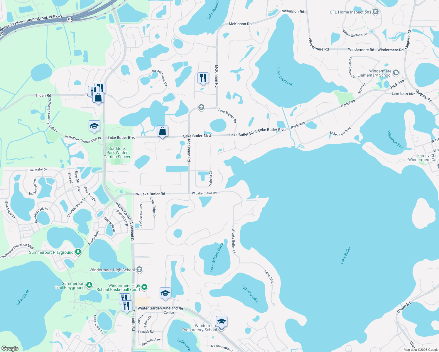map of restaurants, bars, coffee shops, grocery stores, and more near 12623 Park Avenue in Windermere