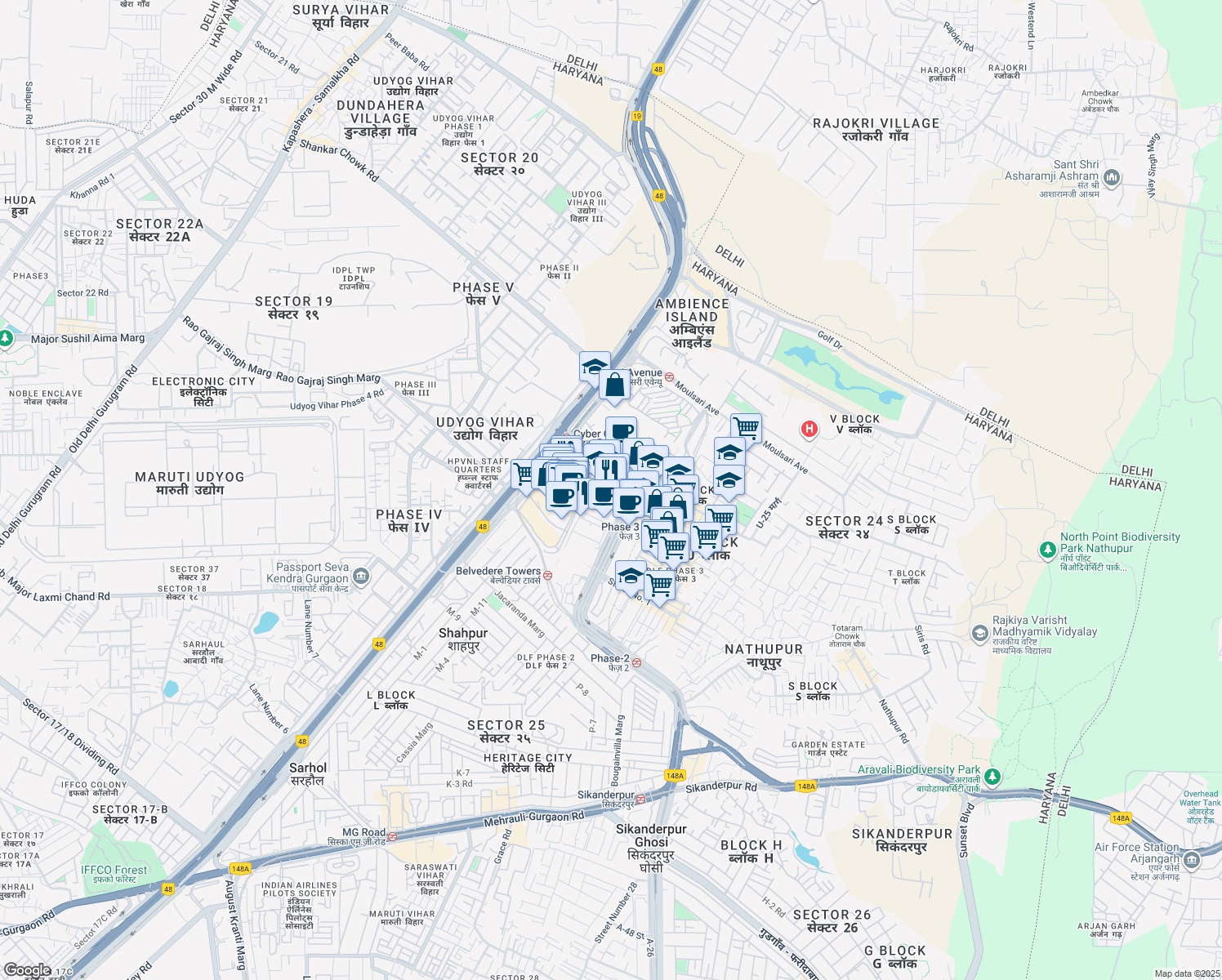 map of restaurants, bars, coffee shops, grocery stores, and more near in Gurugram