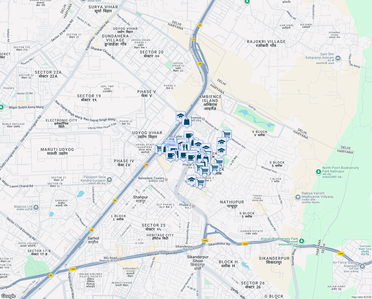 map of restaurants, bars, coffee shops, grocery stores, and more near in Gurugram