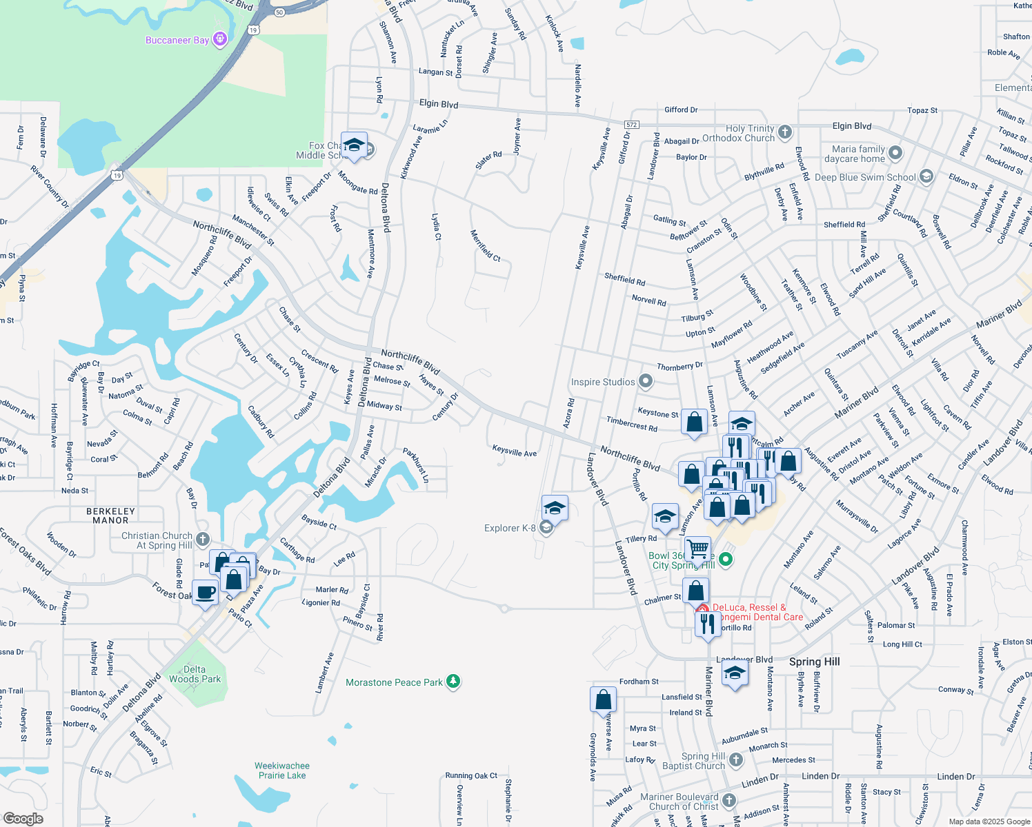 map of restaurants, bars, coffee shops, grocery stores, and more near 4339 Puritan Lane in Spring Hill