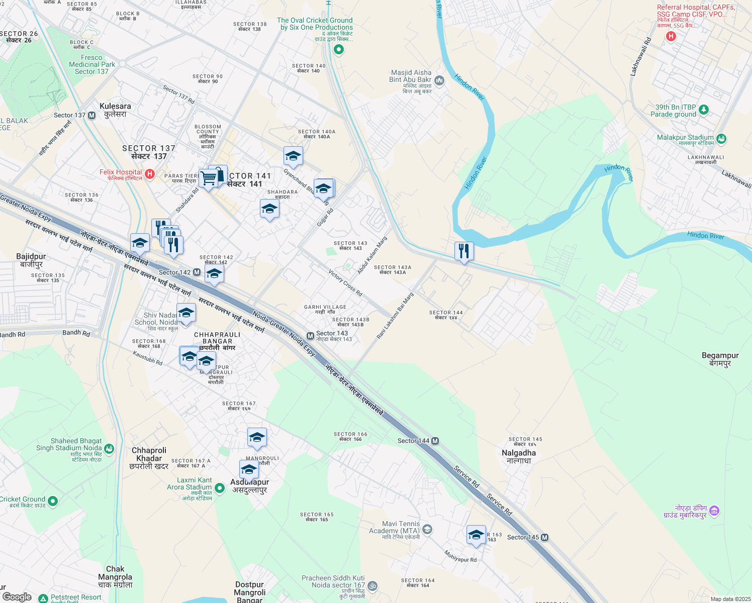 map of restaurants, bars, coffee shops, grocery stores, and more near in Noida