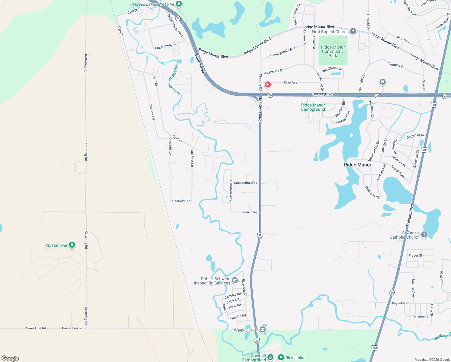 map of restaurants, bars, coffee shops, grocery stores, and more near 33073 Cassandra Way in Dade City