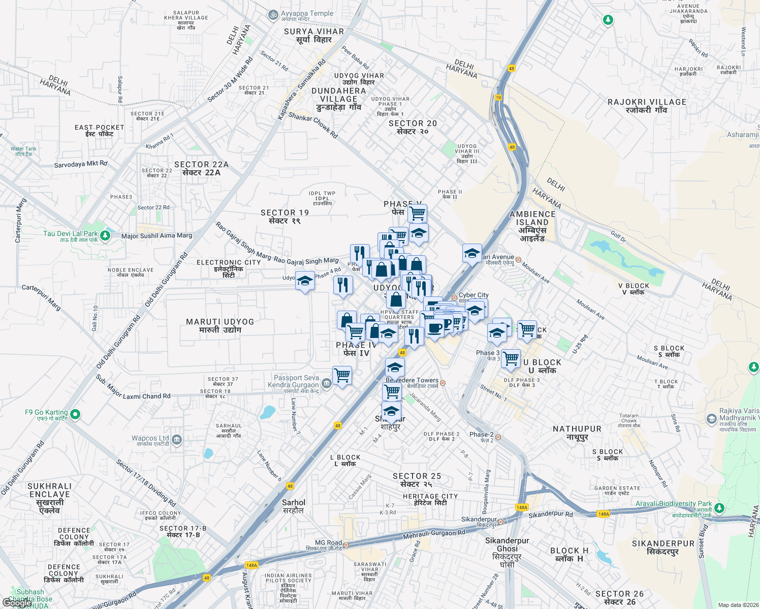 map of restaurants, bars, coffee shops, grocery stores, and more near in Gurugram