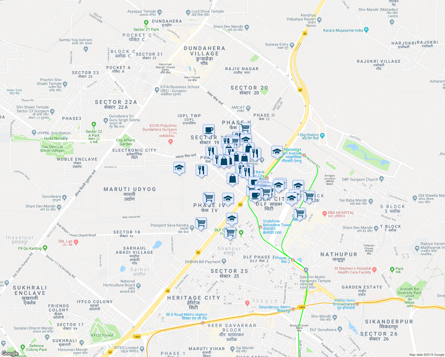 map of restaurants, bars, coffee shops, grocery stores, and more near in Gurugram
